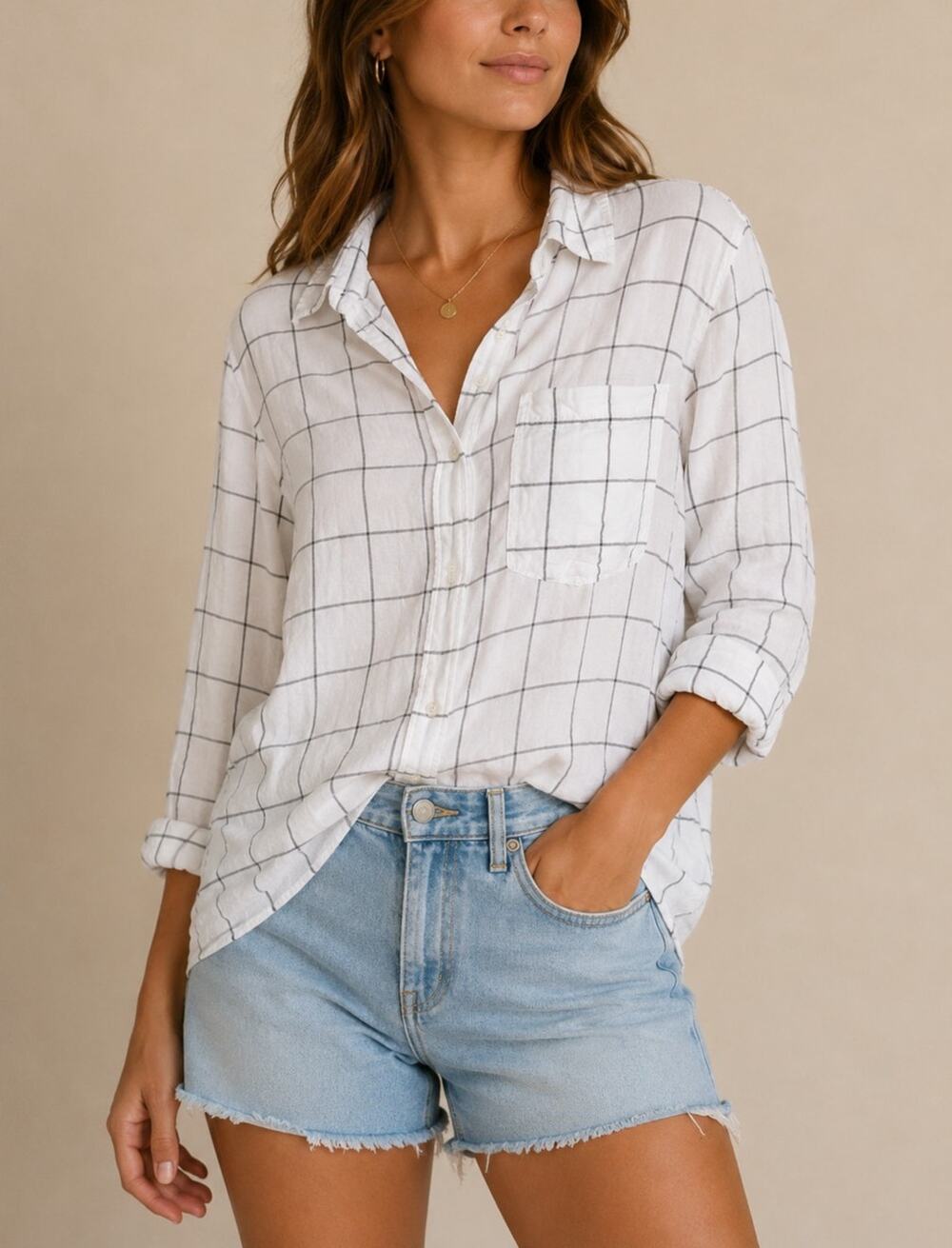 Abercrombie Womens Windowpane Plaid Button Up Shirt Size M White Quiet Luxury